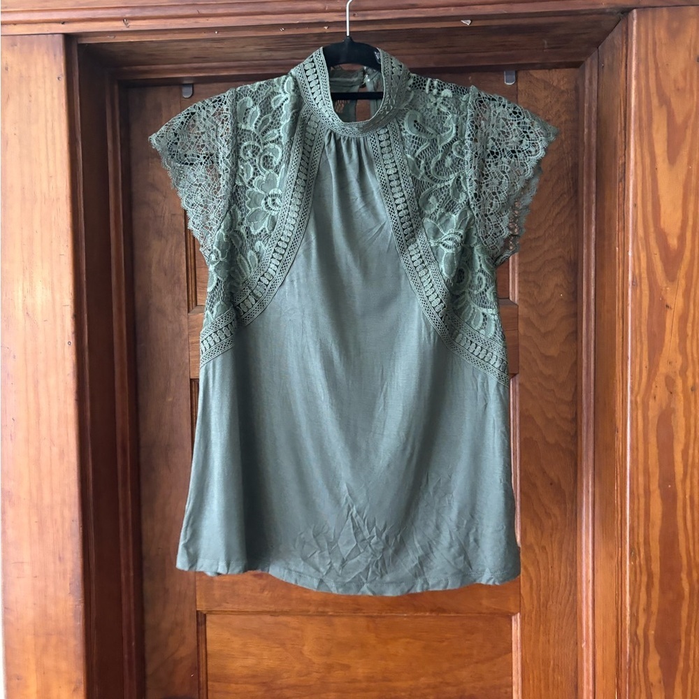 Green Embellished Cap Sleeve Blouse with Mandarin Collar